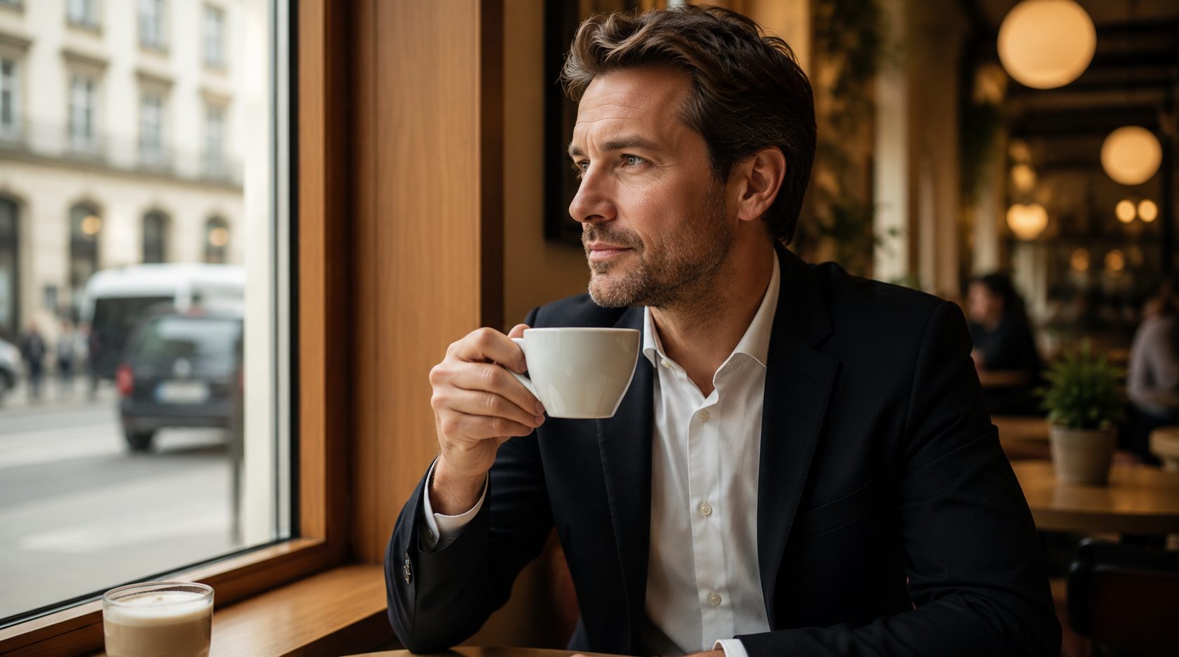 Ein Mann sitzt nachdenklich mit einer Kaffeetasse am Fenster eines Cafés